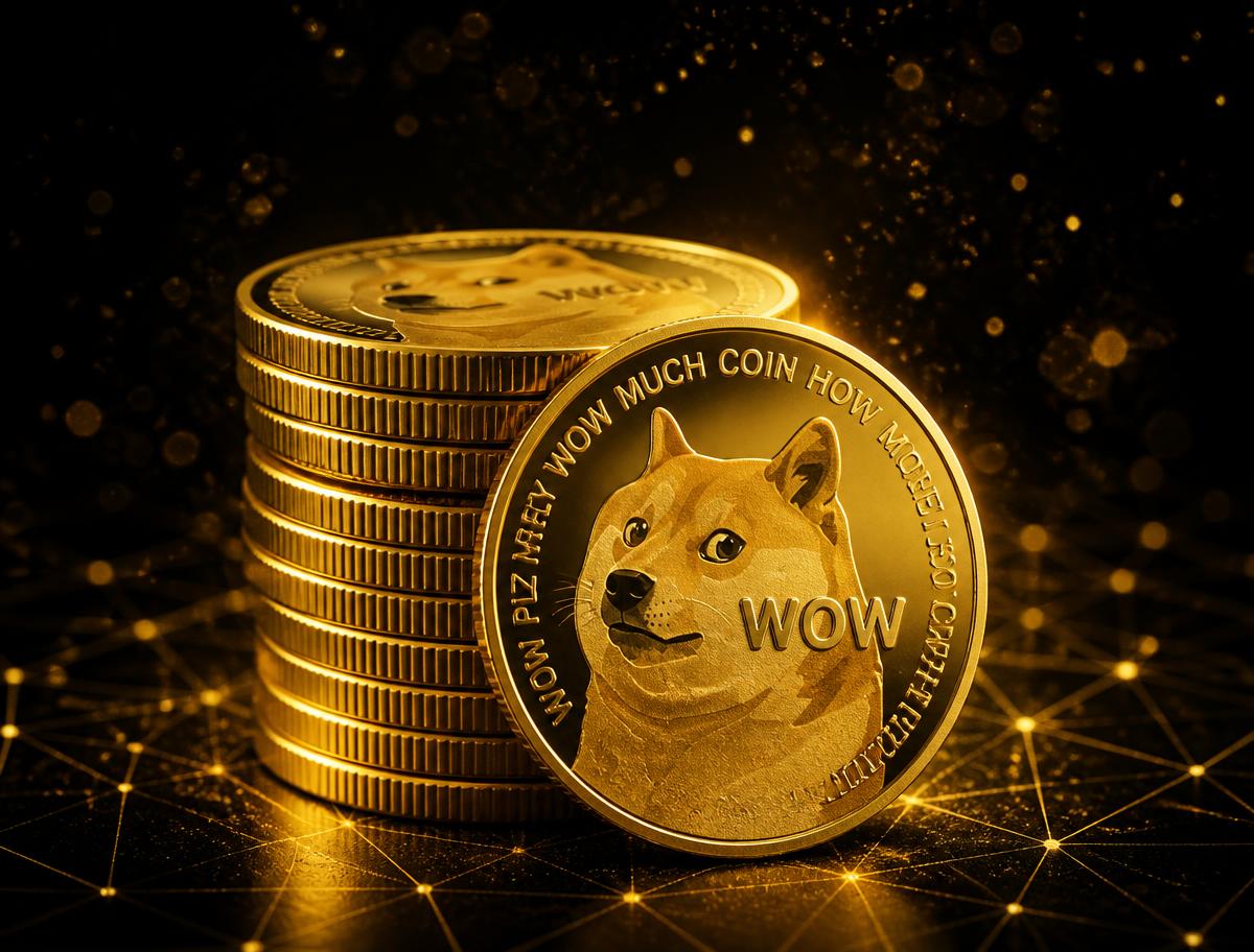 黑色背景上的金色狗狗币硬币堆